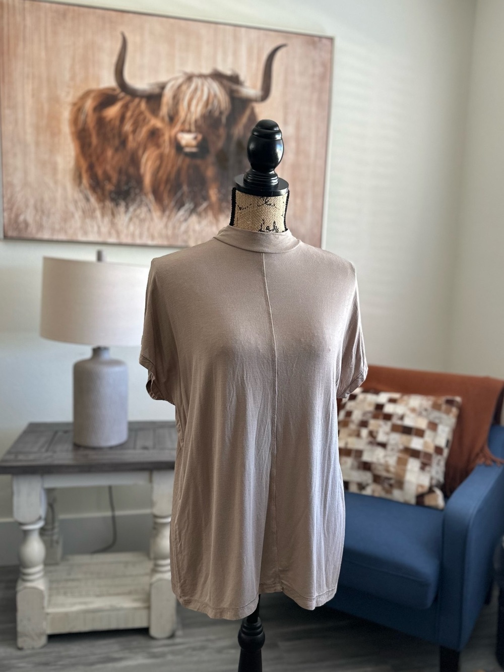 Zara Taupe Short-Sleeve Mock Neck Tee